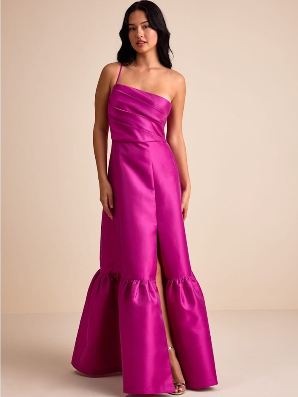 Lulus Letha Magenta Taffeta One-Shoulder Maxi Dress – Size Small – NWT